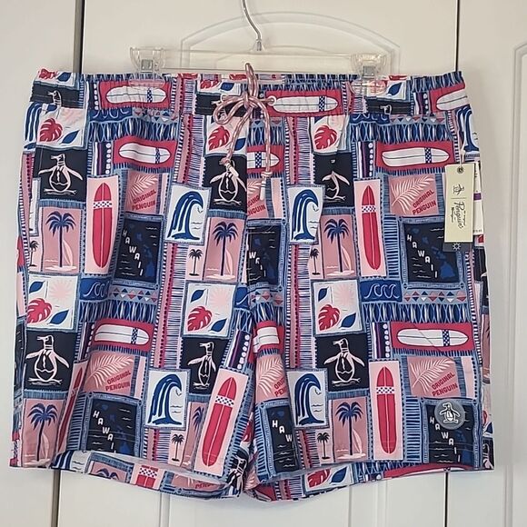 Penguin Drawstring Colorful Surfboard Print Swim Shorts Size XXL - Picture 2 of 12